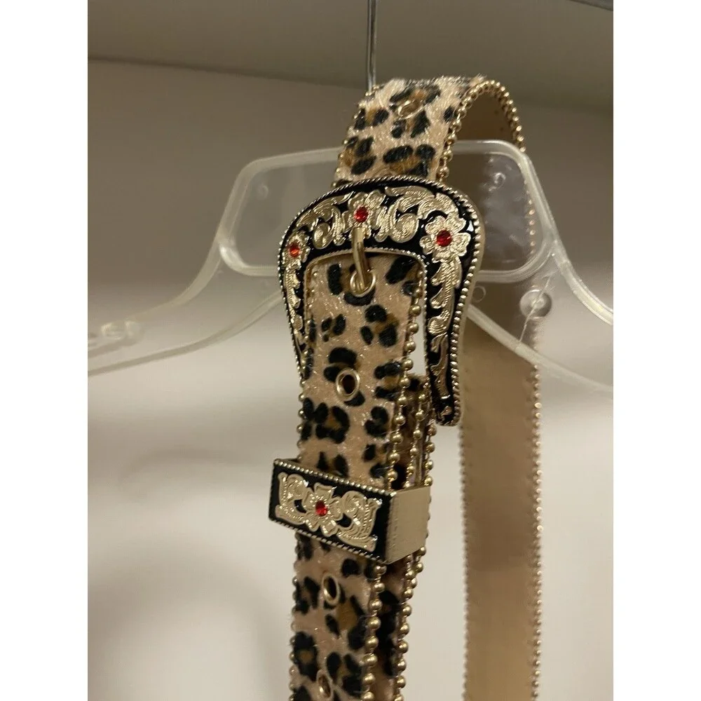 Vintage Style Gold Crystal Studded Leopard Western Leather Cowboy Belt Sz 26-34”